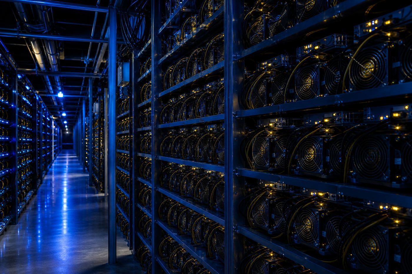 Rows of ASIC miners in a hosting facility