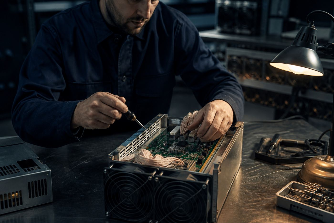 Technician inspecting retired mining hardware