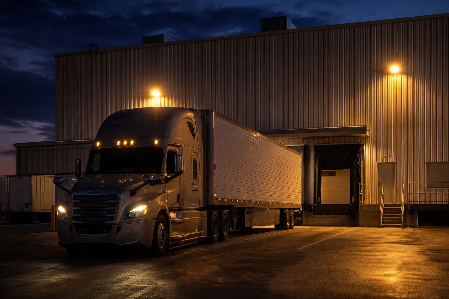 Freight truck at an industrial loading dock at dusk